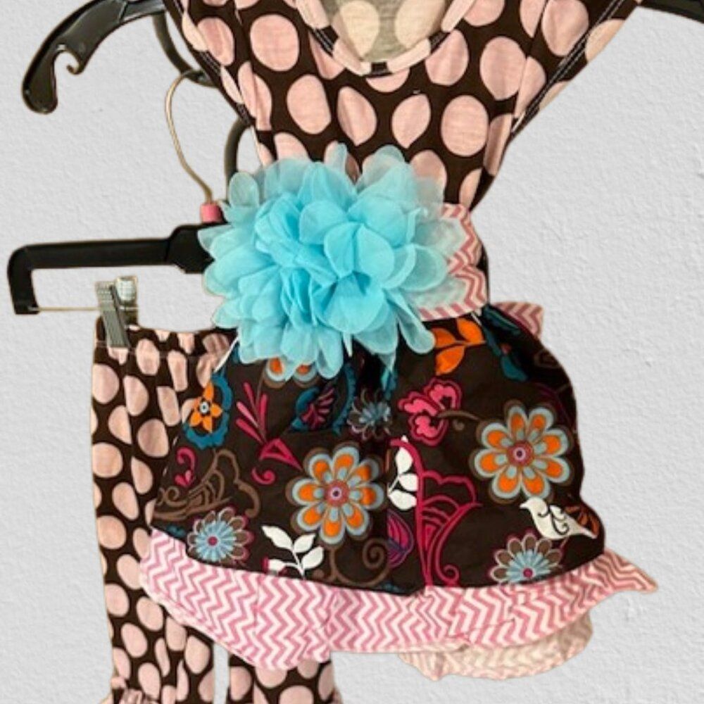 Pink & Brown Floral Polka Dot Ruffle Pant 3 pc Set  7373  12 months NWT Boutique